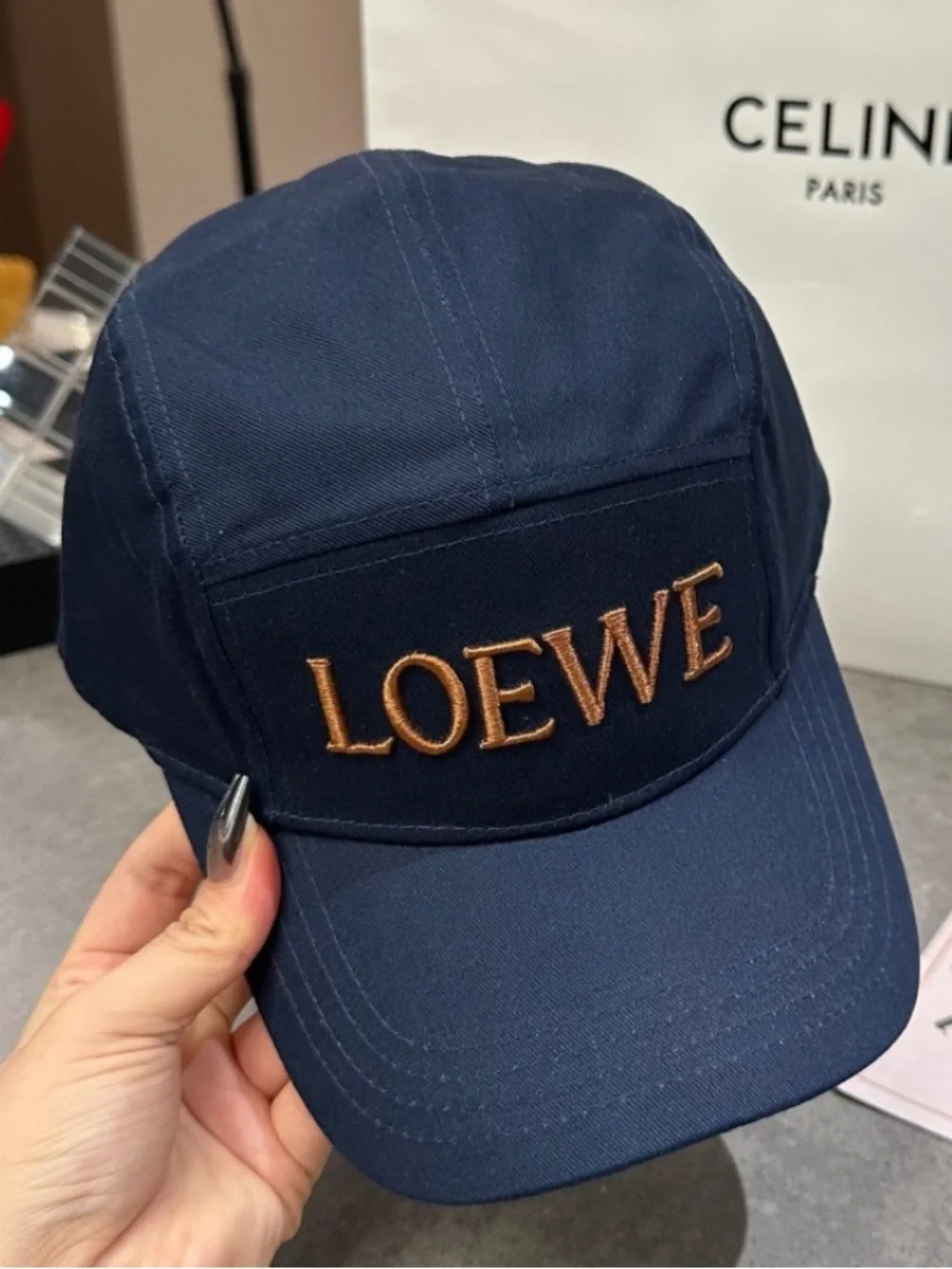 Loewe. Navy Blue Golden Brozen Embroidered Spell Out Hat Cap